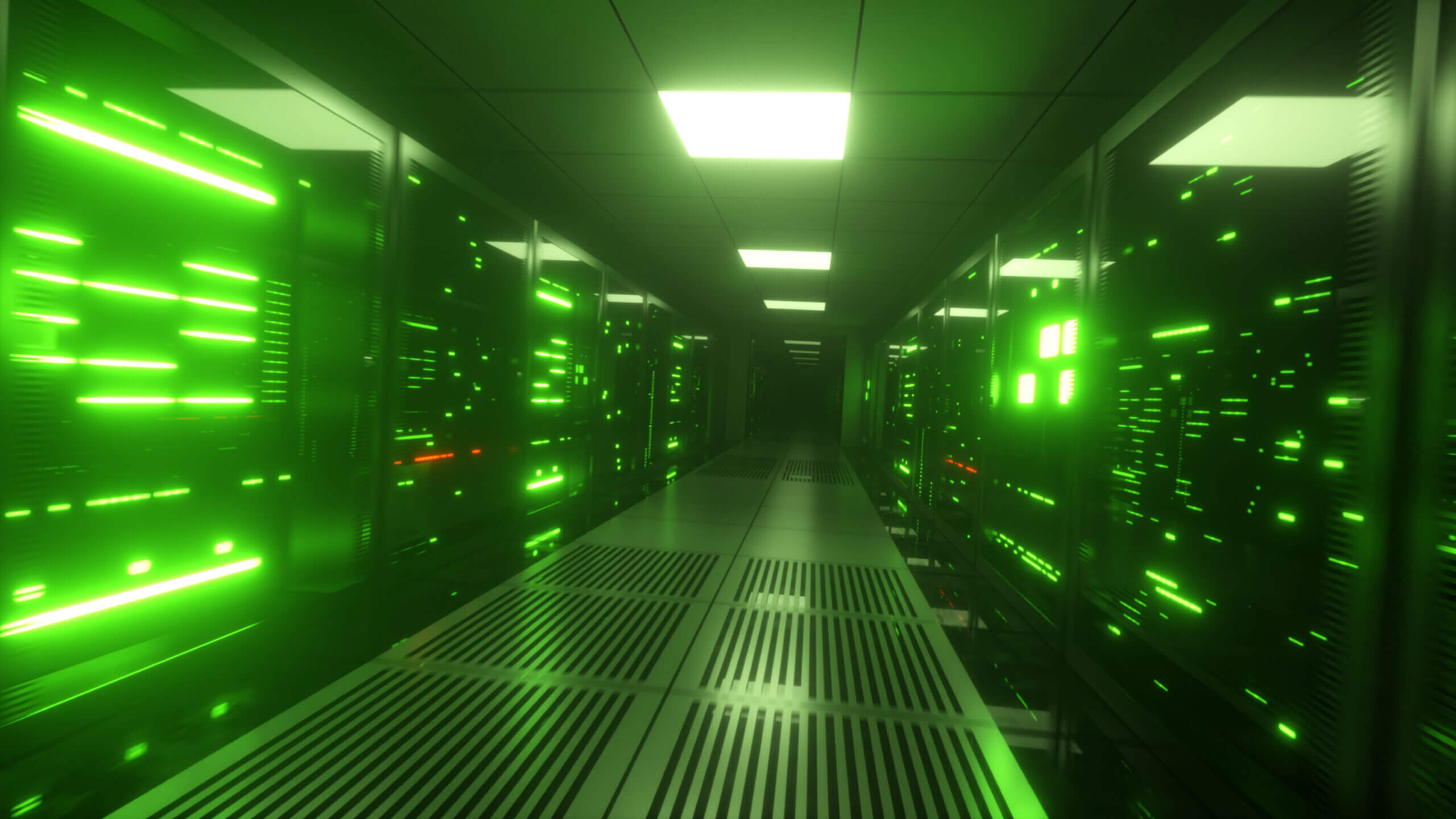 Endless flight along server blocks. Data center and internet. Server rooms with working flickering panels behind the glass. Technology corridor. Camera shaking. 3d illustration