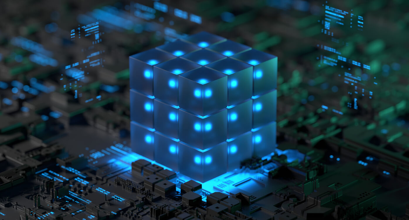 Futuristic Technology in the form of a lighted cube on a transistor