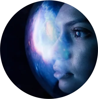 Close-up of a human face looking into space, the light of the stars reflecting in the shield of her helmet
