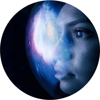 Close-up of a human face looking into space, the light of the stars reflecting in the shield of her helmet