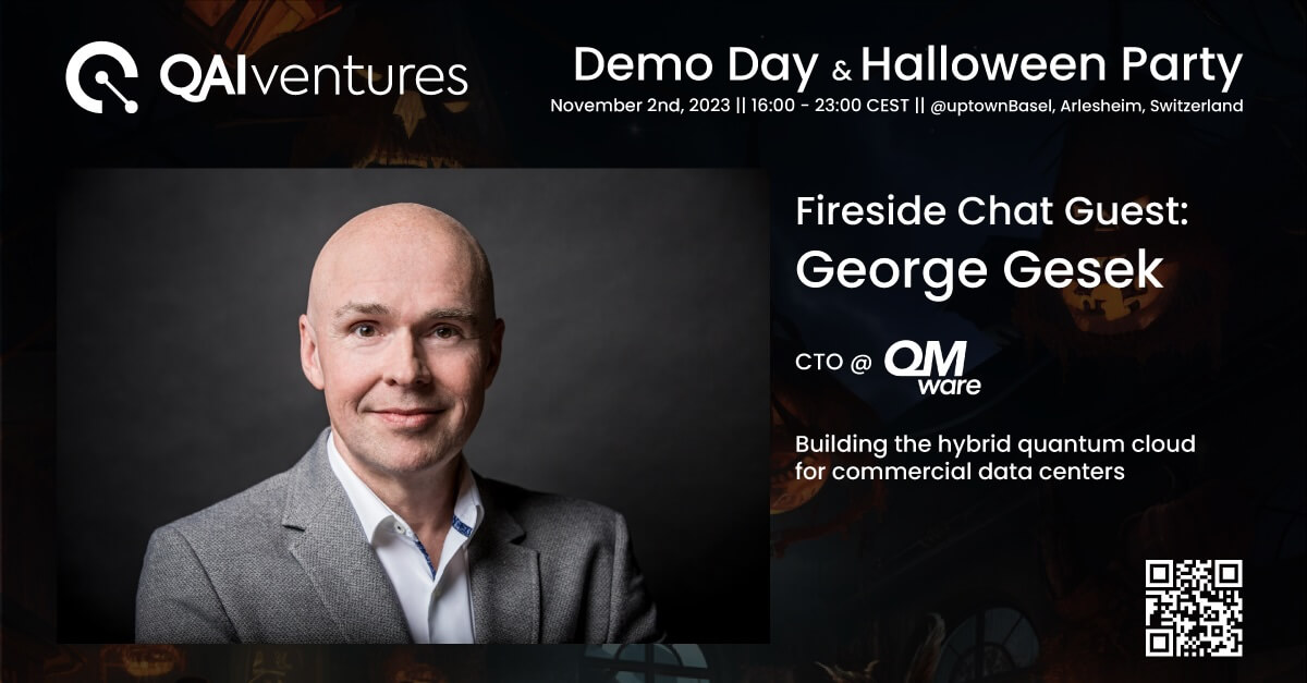 Speaker card announcing George Gesek speaking at QAI Ventures Demo Day at uptown Basel